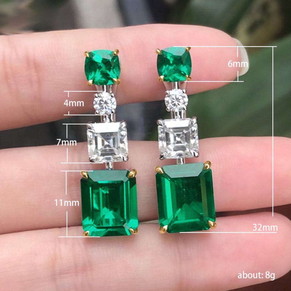 NEW Silver Rectangular Cushion Emerald Princess Cut Diamond Drop Earrings - Picture 3 of 3